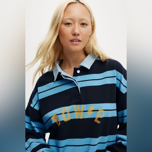 Women’s Cotton On David Bowie Long Sleeve Striped Polo Shirt Size S - Picture 1 of 5